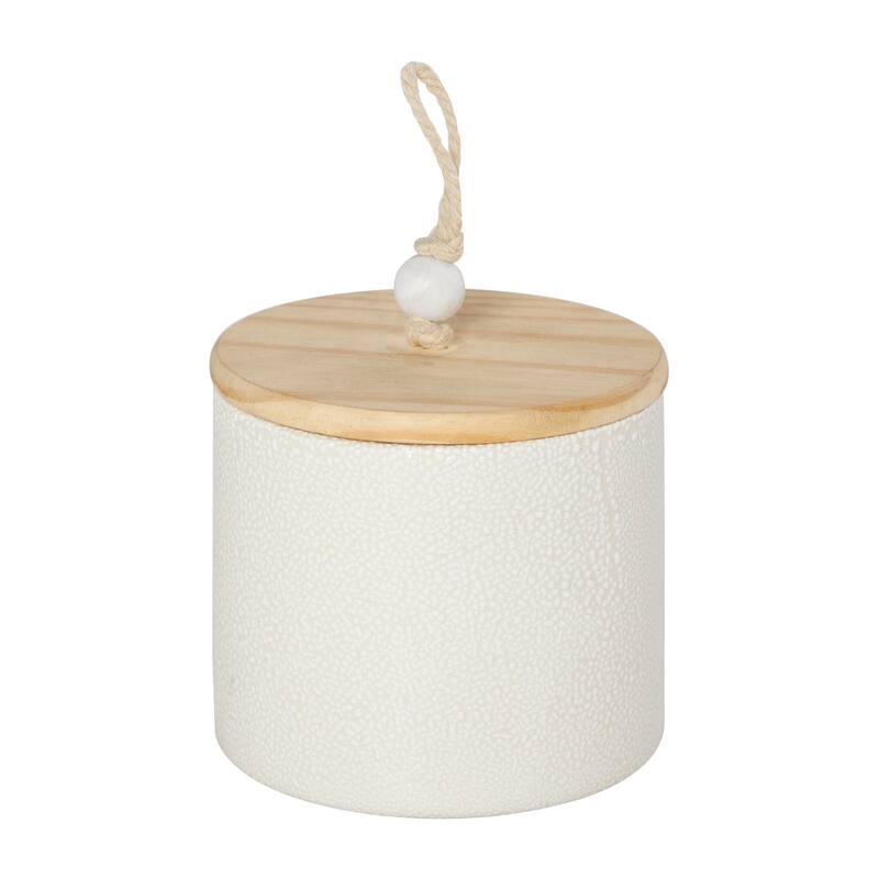 Cream or Blue Ceramic Canisters with Brown Wood Lids and Beaded Accents (Set of 3)