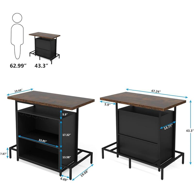 3-Tier Home Bar Unit with Glasses Holder and Wine Storage - 19.7"D x 47.24"W x 43.3"H
