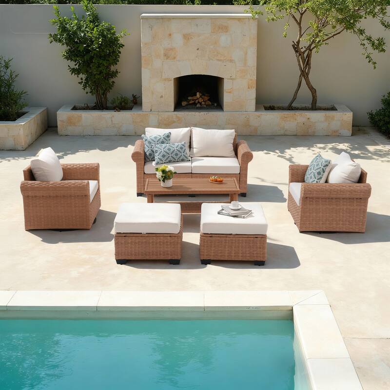 Outdoor 6-Piece PE Rattan Patio Conversation Set with Swivel Chairs