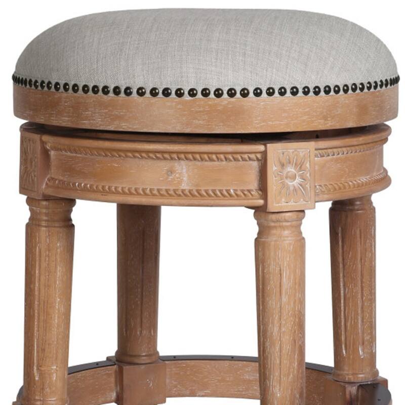 Linen Round Wood Swivel Stool with Nail Head Trim, Backless and Footrest