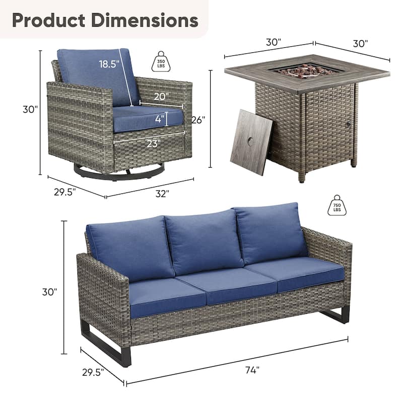 4 Pieces Fire Pit Table with Sofa Swivel Chair Set