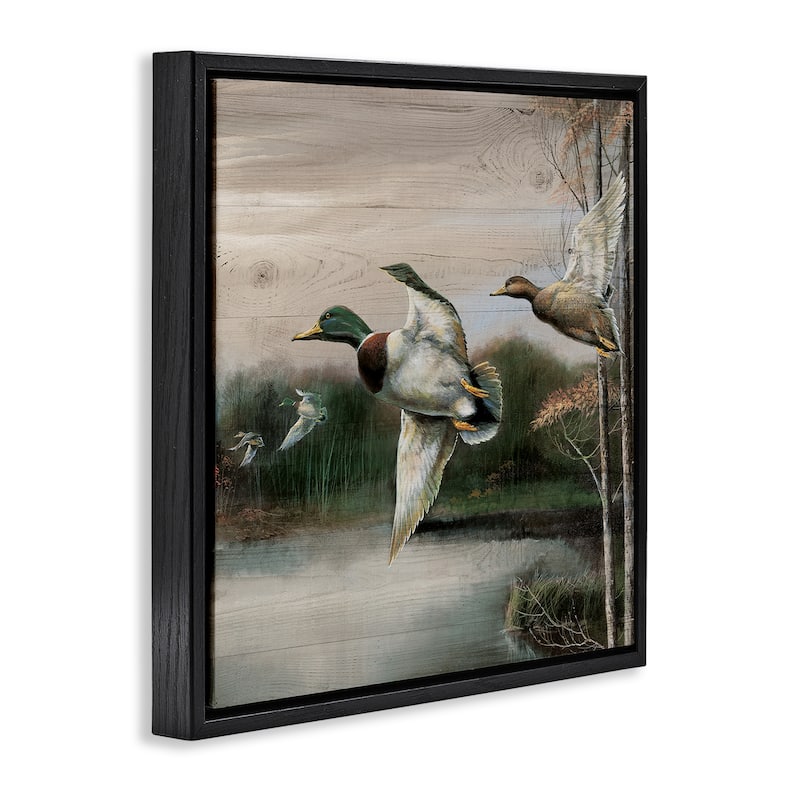 Stupell Flying Ducks in Rustic Nature Framed Floater Canvas Wall Art Design By Ruane Manning
