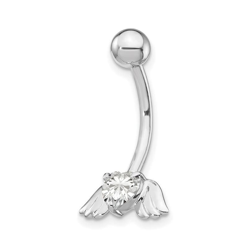Curata 10k White Gold 14g Heart CZ Simulated Diamond Angel Wings Belly Ring Dangle (12mm x 23mm)