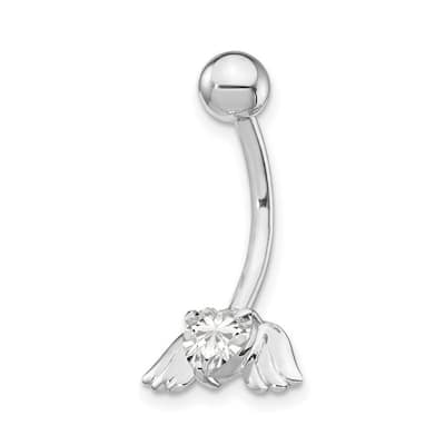 Curata 10k White Gold 14g Heart CZ Simulated Diamond Angel Wings Belly Ring Dangle (12mm x 23mm)