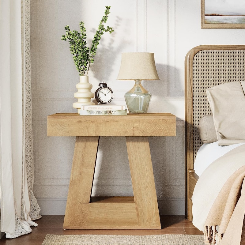 Small Nightstand, Wooden Bedside Table with Trapezoid Base