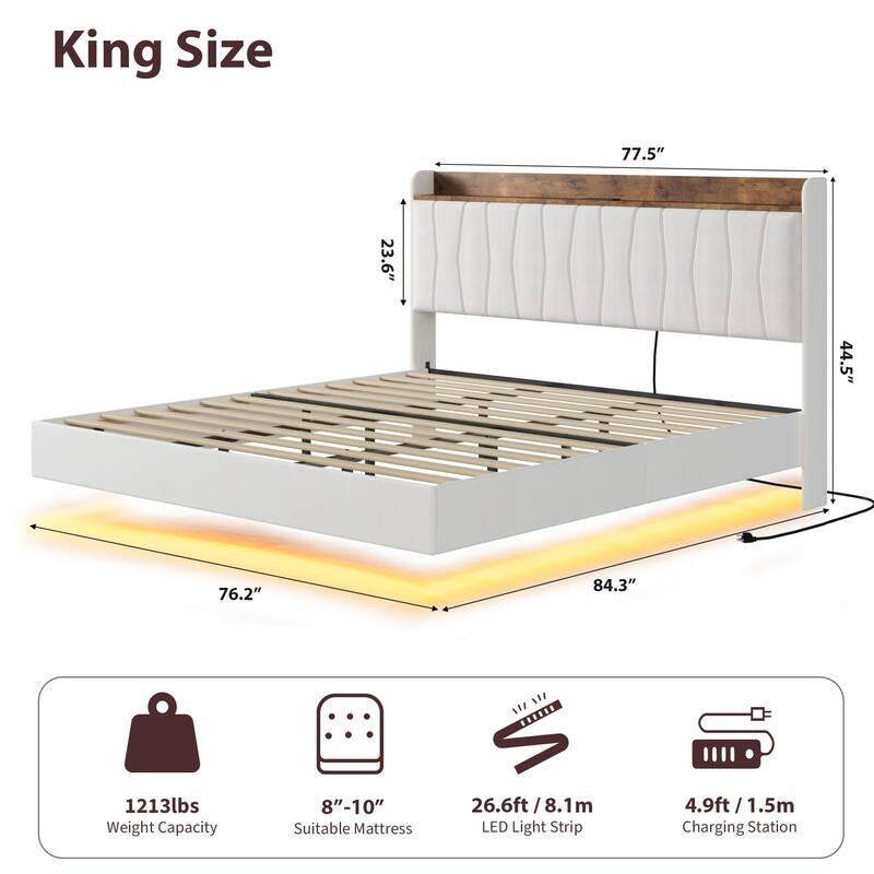 Full/Queen/King Floating Bed Frame with LED Lights & Charging Station, Upholstered Platform Bed with Storage Headboard