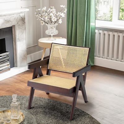 Natural Solid Wood Rattan with Armrs Accent Chair