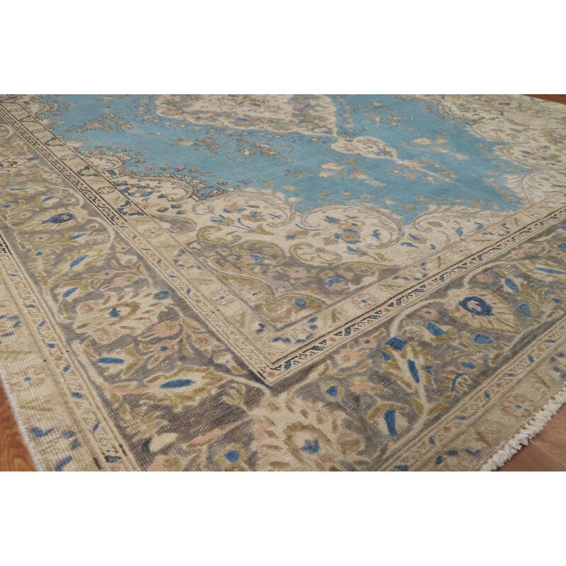 Blue Traditional Tabriz Persian Vintage Rug Hand-Knotted Wool Carpet - 7'10" x 10'10"