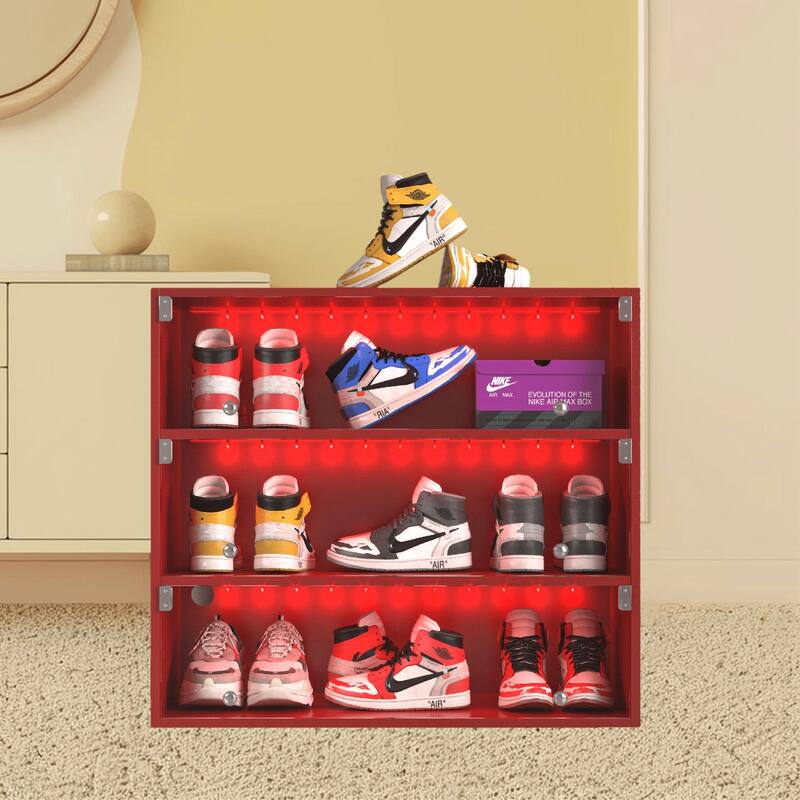 3-Tier Stackable Shoe Display Case with RGB LED Lights and Glass Doors for Sneakers Storage, Bedroom Hallway Organize Cabinet - Red