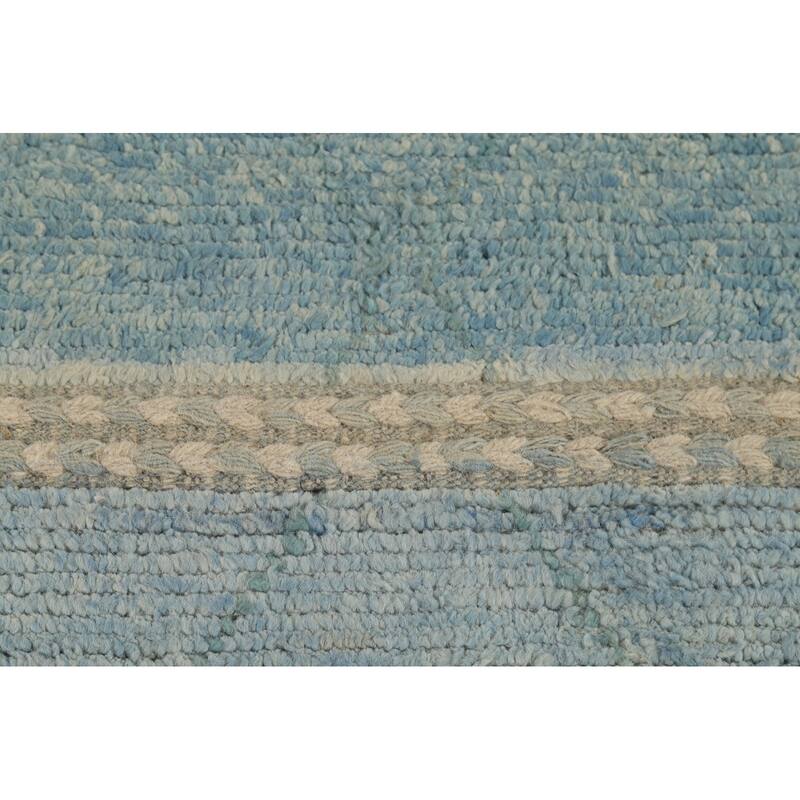 Light Blue Striped Moroccan Modern Runner Rug Hand-Knotted Wool Carpet - 3'0"x 15'8"