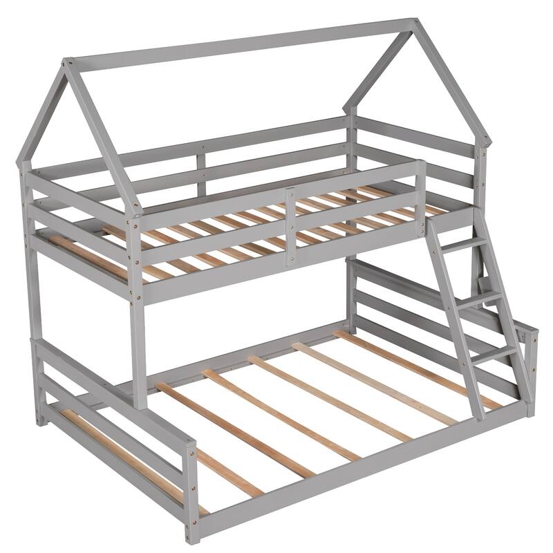 Twin Over Full House Bunk Bed with Built-in Ladder, Space-Saving Design