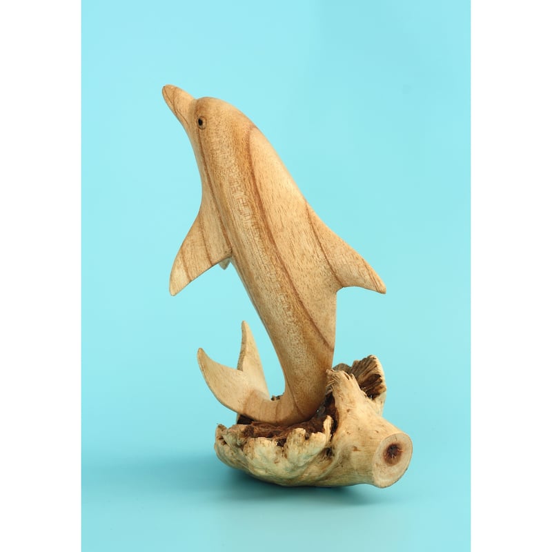 Wooden Hand Carved Single Dolphin Statue Sculpture Wood Home Decor Figurine Handcrafted Handmade Seaside Tropical