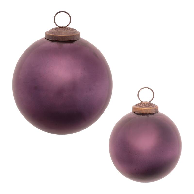 Purple Glass Glossy Ball Ornaments with Brass Cap Set of 12 Holiday Decor - 4” x 4” x 4” (L x W x H) - Purple