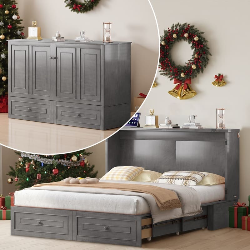 Mixoy Queen Modern Murphy Bed Chest with Mattress and Storage Drawer