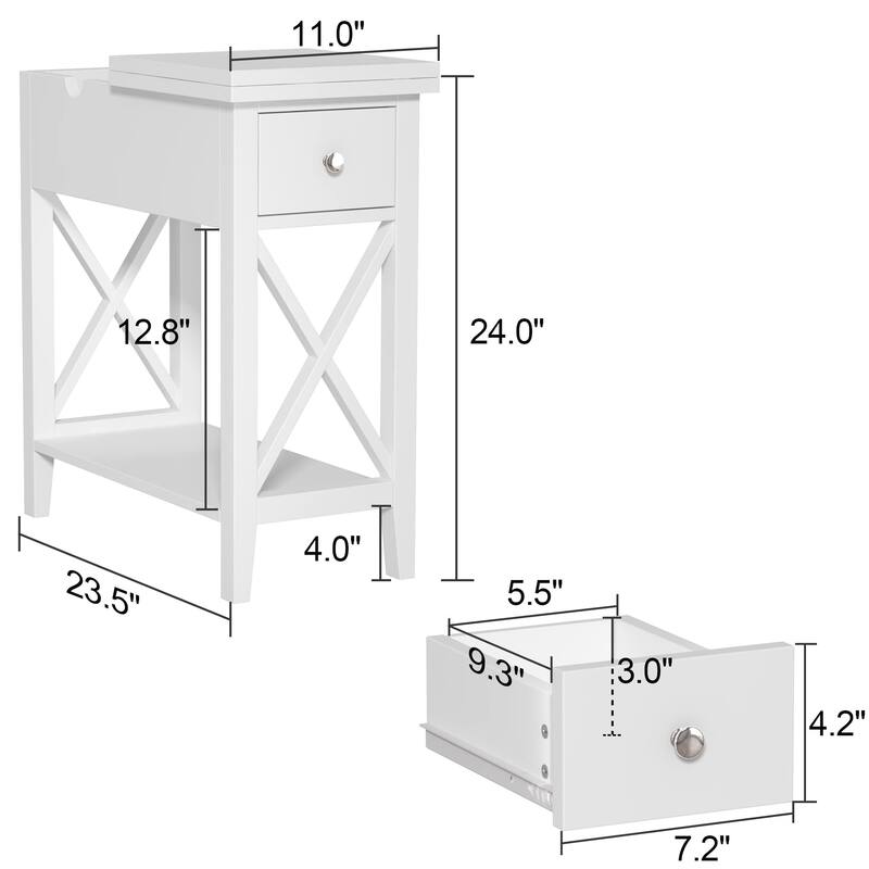 2-Drawer End Table, Flip Top Narrow End Table with Drawer, Accent Small Side Table Nightstand for Small Space