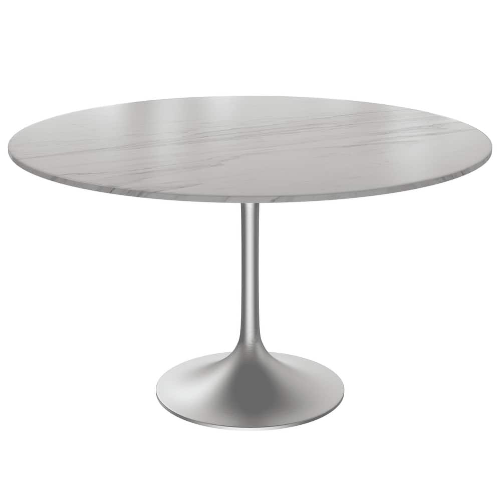 Verve 48" Modern Round Sintered Stone Top Dining Table with Stainless Steel Chrome Pedestal Base for Kitchen & Dining Room
