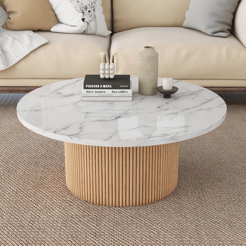Modern Round Coffee Table with Solid Wood Fluted Design - Wood/White