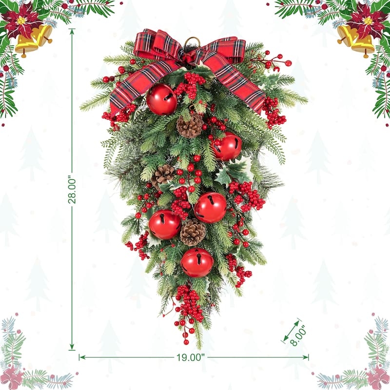 Glitzhome Christmas Berry Bow Pinecone Bell Holy Leaf Teardrop Swag Xmas Wreath