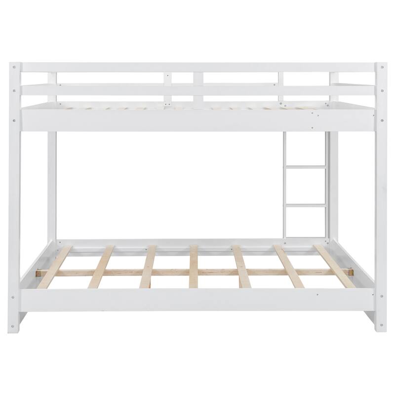 Queen Size White Wood Bunk Bed with Ladder, Space-Saving Design