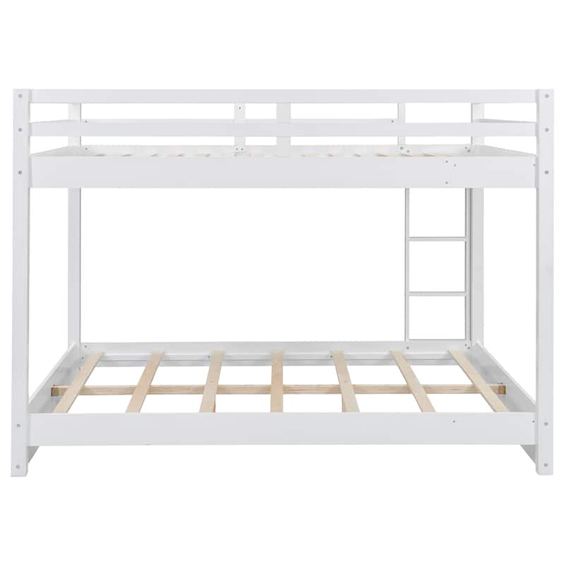Wooden Queen Size Bunk Bed, Solid Pine Queen over Queen Bunk Bed Frame with Built In Ladder and Full Length Guardrail