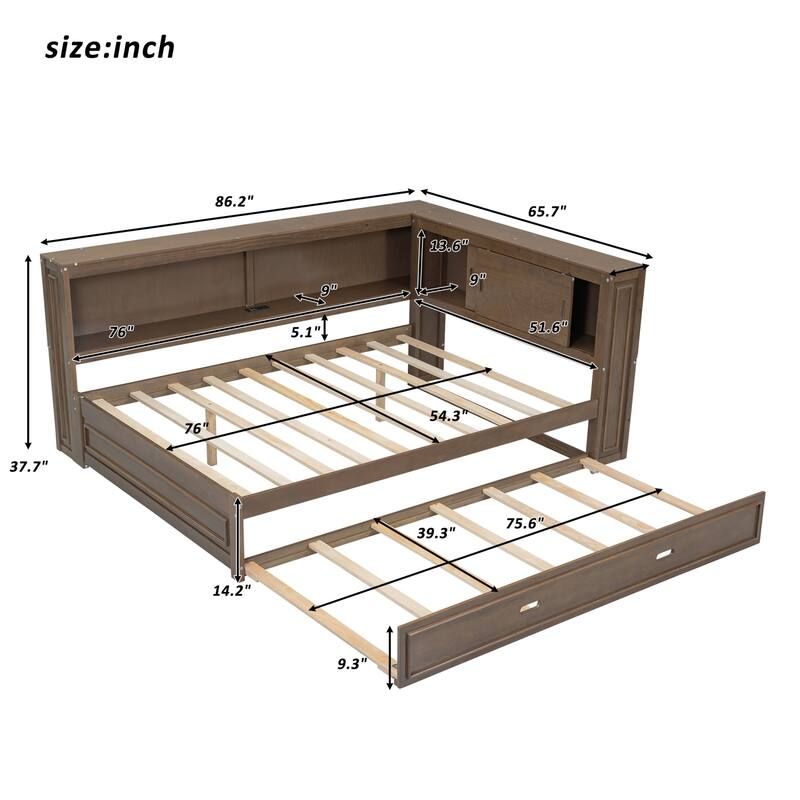 Full Size Wood Daybed with Storage Shelves, Practical Bed Frame with USB, LED Light and Trundle