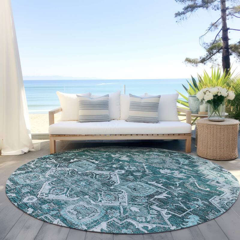 Machine Washable Indoor/ Outdoor Chantille Traditional Boho Rug - Teal - 8' x 8'