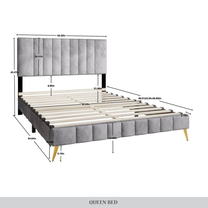CraftPorch Modern Velvet Tufted Upholstered Gold Accent Platform Bed
