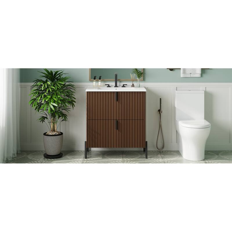 Bathroom Vanity with Ceramic Sink, Freestanding Bathroom Storage Cabinet, Fluted Bathroom Vanity with 2 Full-Extension Drawers