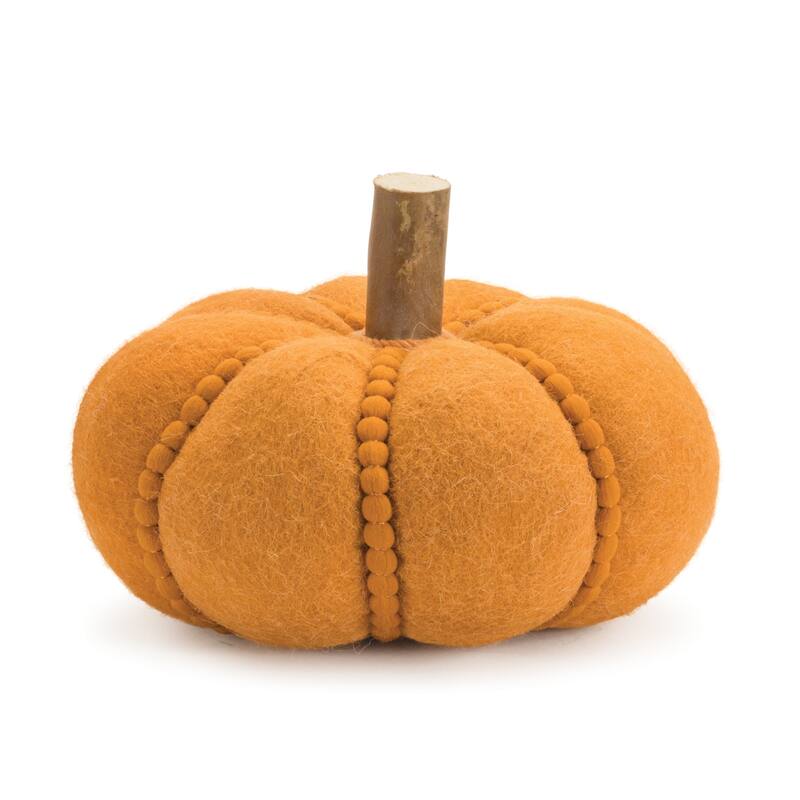 Set of 2 Plush Fabric Pumpkins with Wool Felt and Wood Stem Rustic Orange and Brown Fall Decor - 10”L x 10”W x 7”H