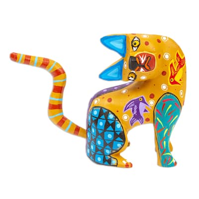 Novica Handmade Amber Feline Questions Wood Alebrije Figurine