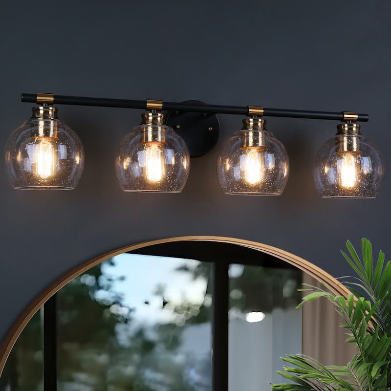 Iain Modern Black 3/4-Light Bathroom Vanity Lights Globe Seeded Glass Dimmable Wall Sconces - 4-Light