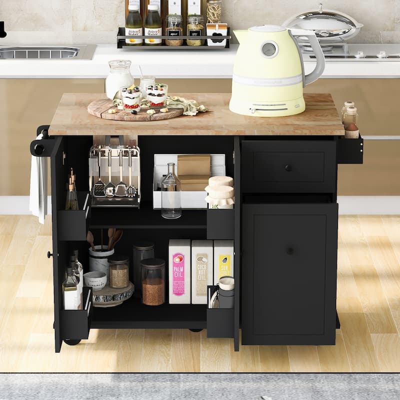Kitchen Storage Cart on Wheels with Internal Storage Racks, Drop Leaf Rubber Wood Top & Adjustable Shelves