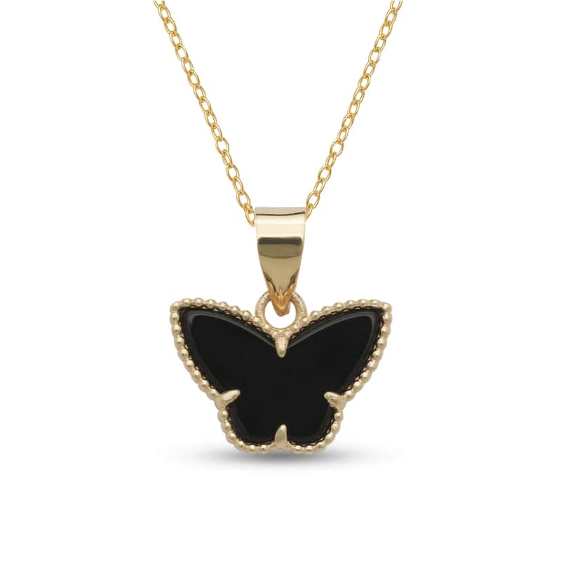 Curata 14k Yellow Gold 18" Black Onyx, White Pearl or Green Jade Butterfly Clover Pendant Necklace (15mm x 18mm) - Black Onyx