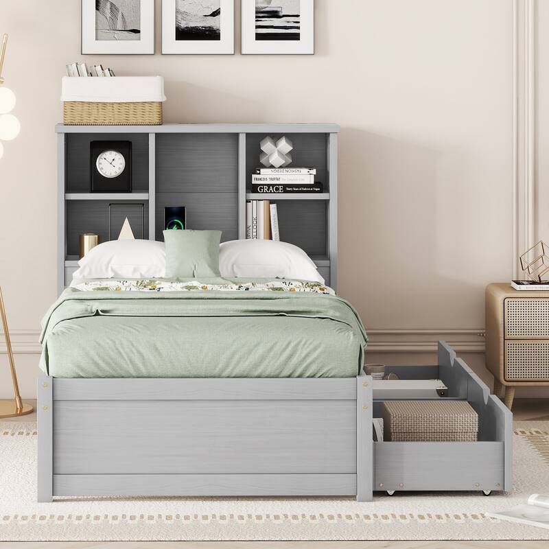 Modern Twin Size Bed Frame with USB Port, Bookcase Headboard, and 2 Drawers in Grey