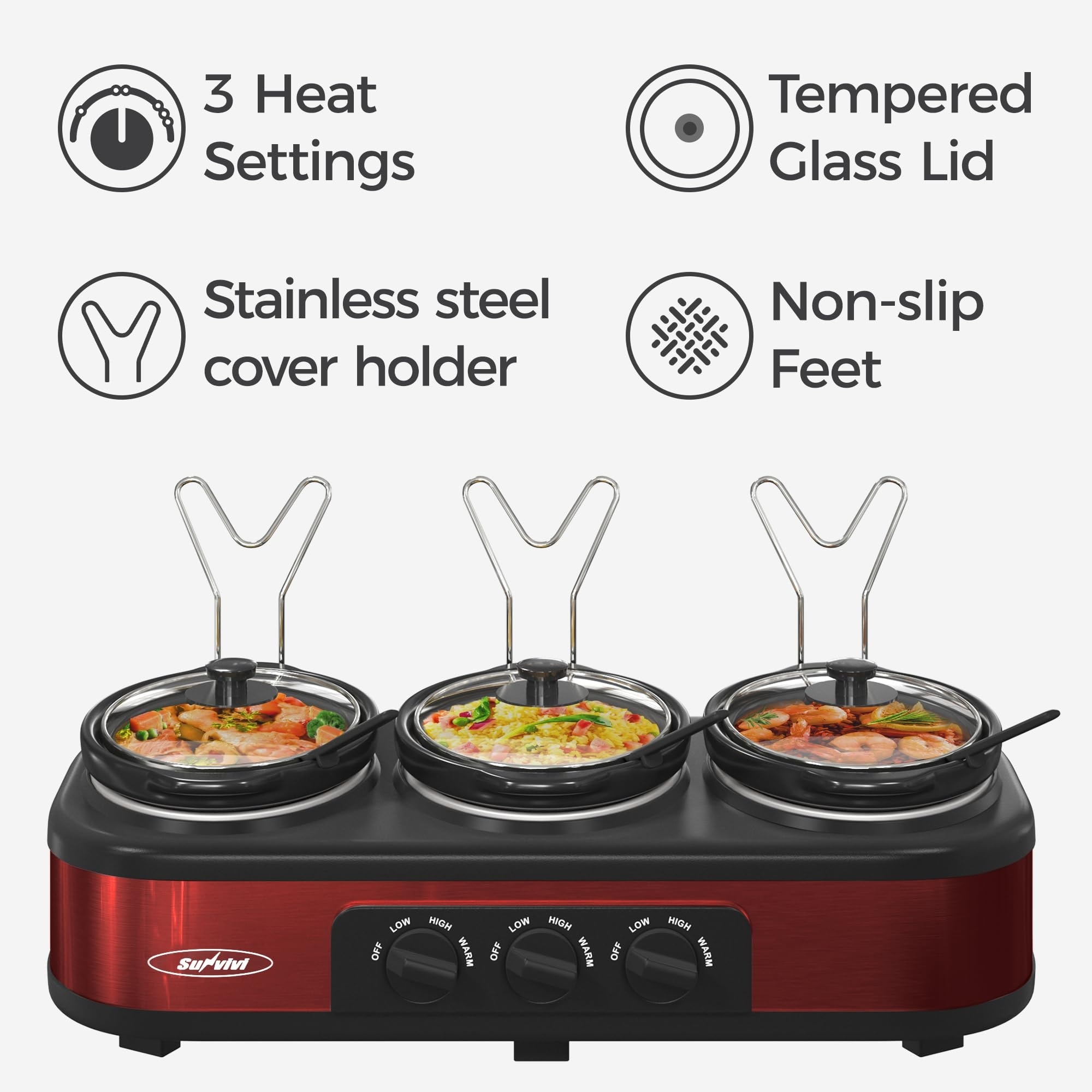 Slow Cooker, Triple Slow Cooker Buffet Server 3 Pot Food Warmer, 3-Section  1.5-Quart Oval Slow Cooker Buffet Food Warmer Adjustable Temp Lid Rests