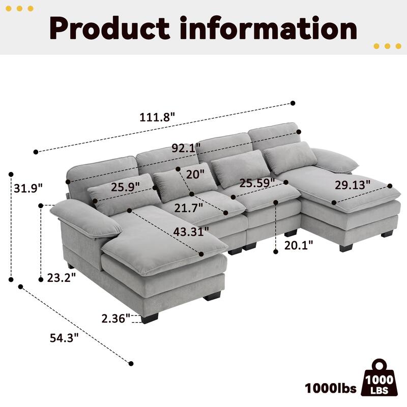 U Shape 111.8"Modern Comfort Combination Sectional Sofa,4-seat Velvet Fabric Upholstered Sofas with Chaise Lounge & Pillows