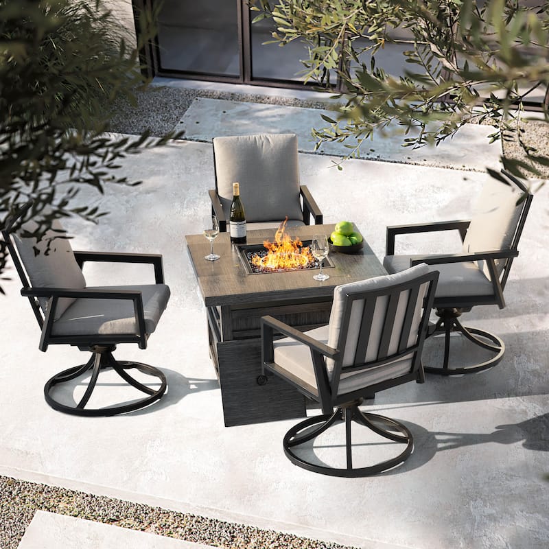 5-Piece Fire Pit Set with 4 Swivel Chairs, Aluminum Frame, Gray