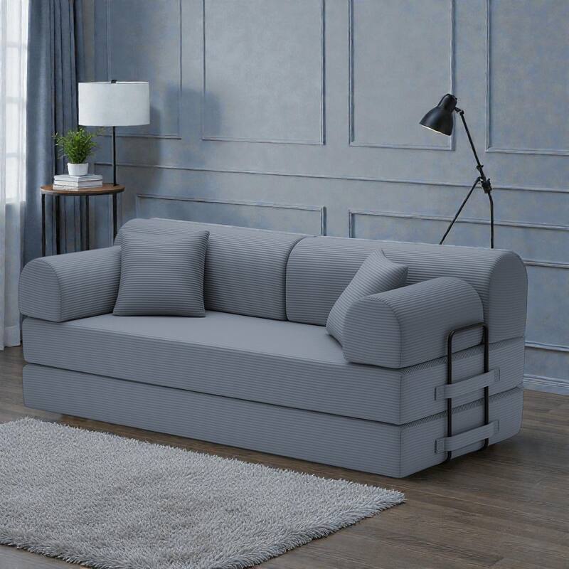 Convertible Sleeper Sofa Bed, 4-in-1 Corduroy Folding Floor Couch with Cylindrical Pillow, 2-Seat Space-Saving Lounge Sofa - Dark Grey