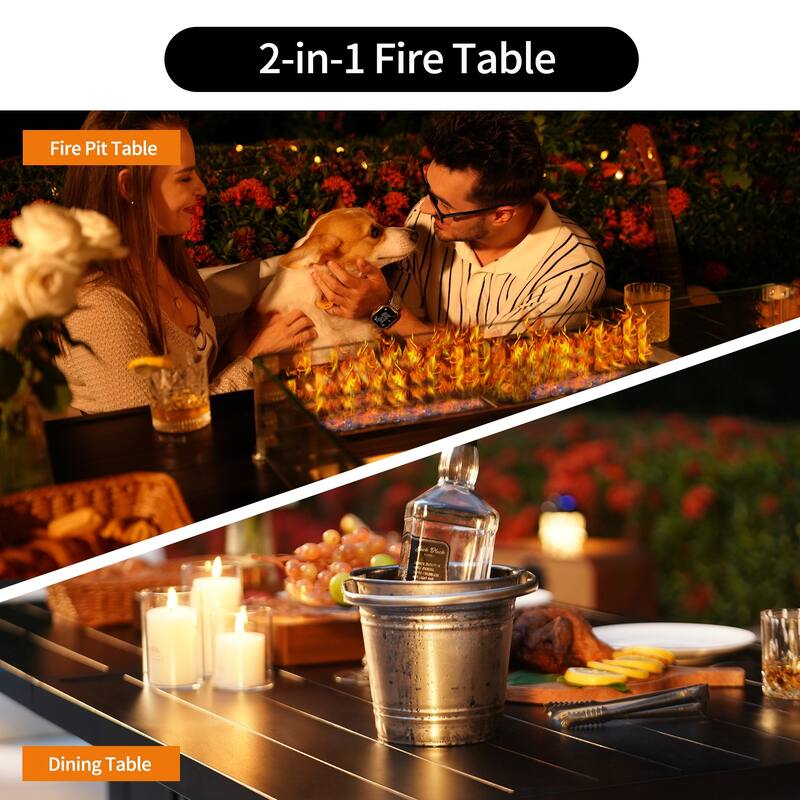 59.8" Aluminum Propane Fire Pit Table, 50,000 BTU Outdoor Dining Table w/ 10 LBS Beads, Rectangle Fire Table