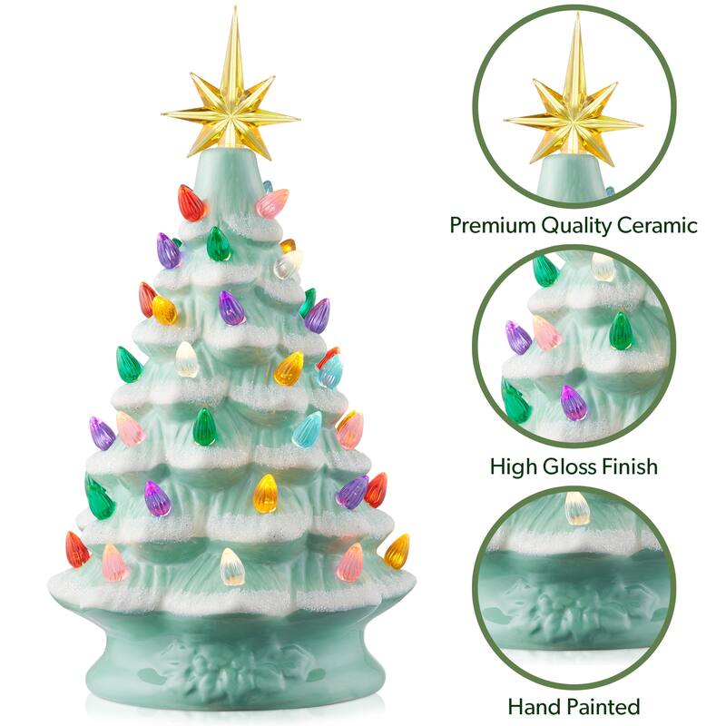 12in Hand Painted Ceramic Christmas Tree PreLit Tree with Star