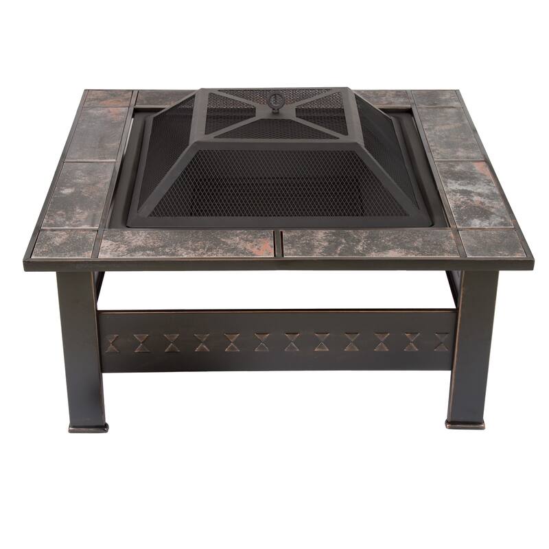 Pure Garden Bronze 32-inch Square Fire Pit with Marble Tile Edge - 32 x 32 x 18