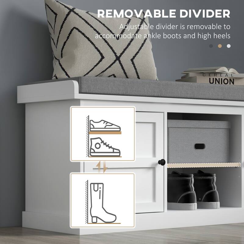 Shoe Storage Bench with Cushion Two Cabinets and Adjustable Shelves Modern Entryway Organizer in White or Gray