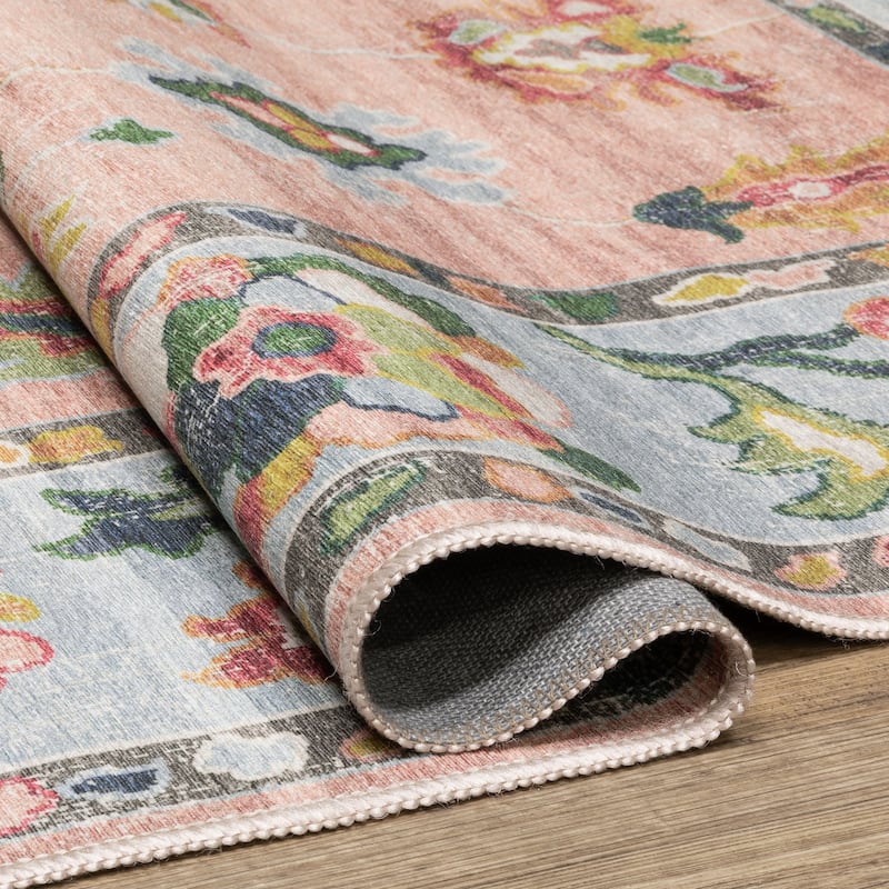 Ainsley Vintage Traditional Pink/ Blue Printed Washable Flat Pile Area Rug