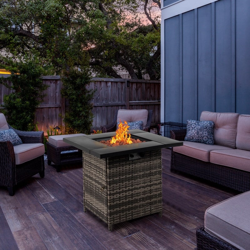 50,000 BTU 28 inch Outdoor Fire Pit Table Rattan - 28"x28"x24.8" WDH