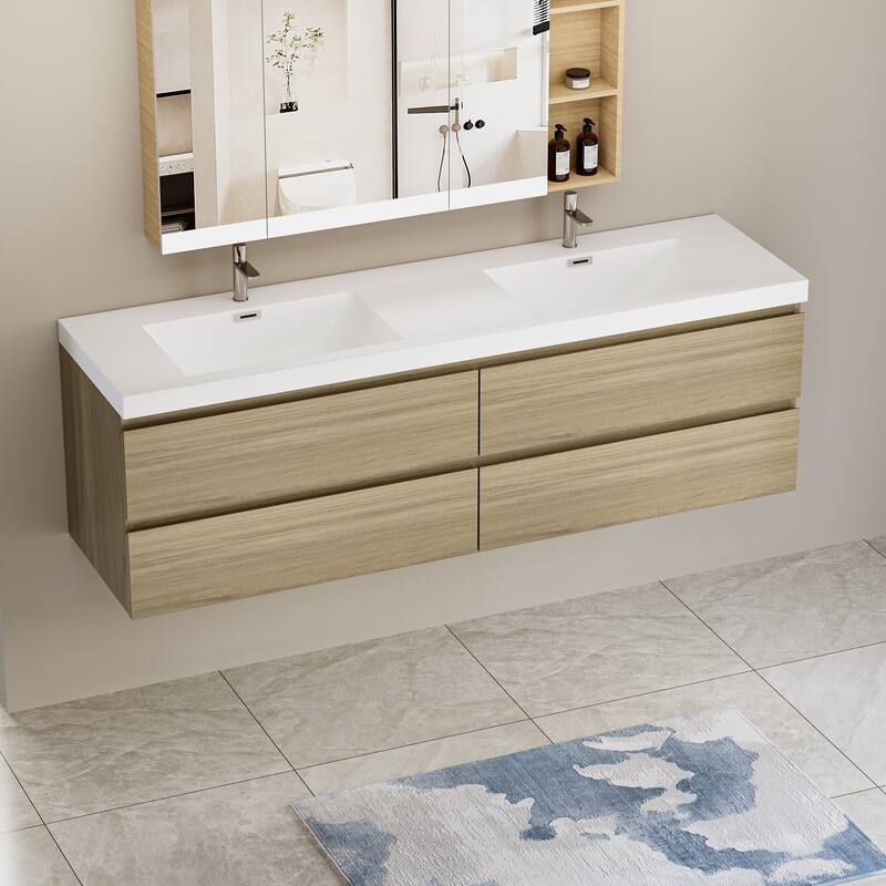 Wall 72" Floating Bathroom Vanity with Sink & and 4 Soft Close Drawers,White/Oak/Grey - 72 inch