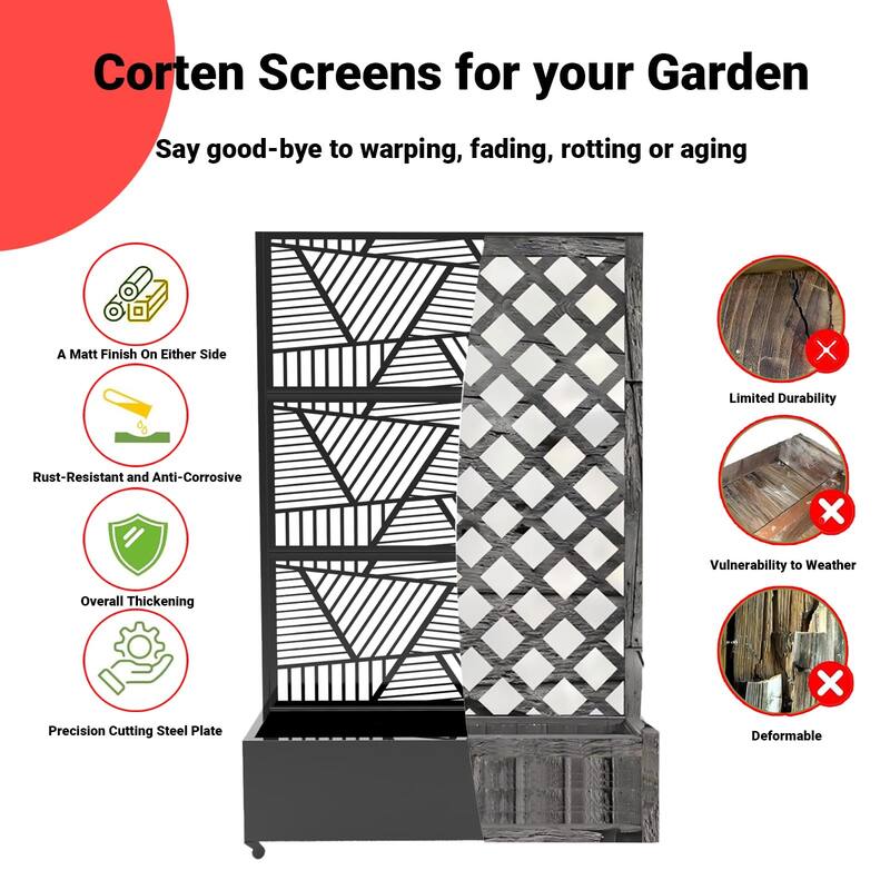 Metal Privacy Screen with Wheels – Galvanized Steel Garden Trellis & Planter Box for Climbing Plants/Vines