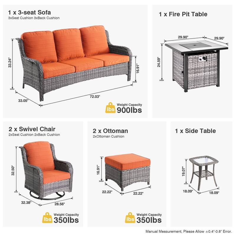 OVIOS 7-piece Patio Swivel Chair Set with 30" Fire Pit