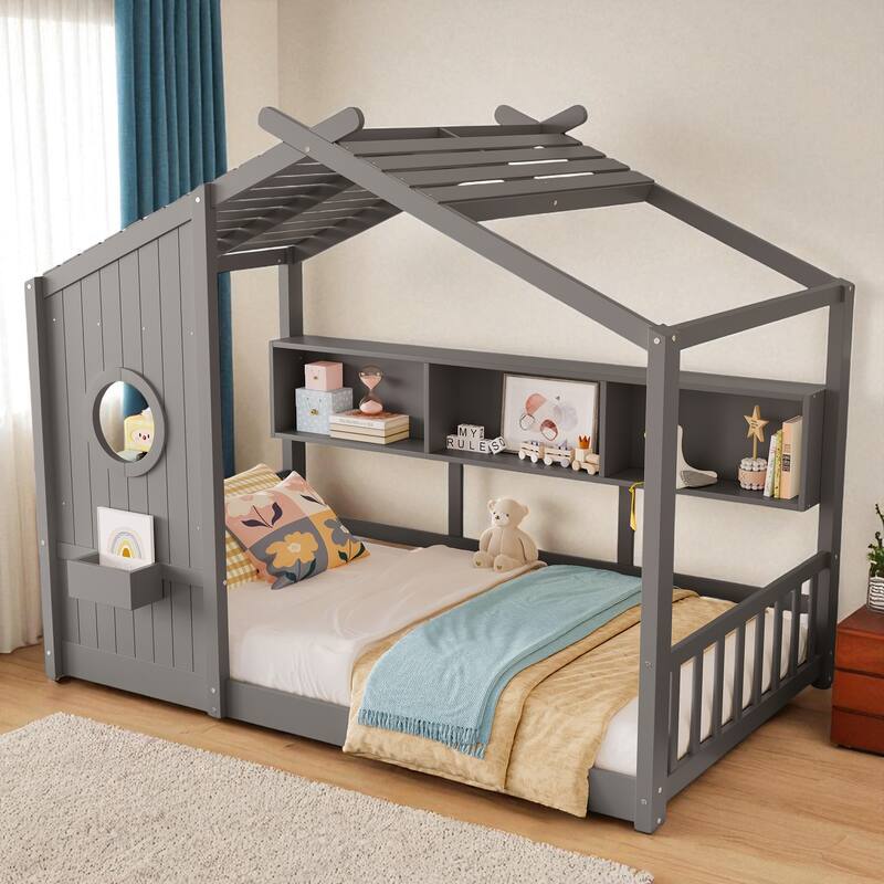 Twin/Full Montessori House Floor Bed with Roof, Storage Shelf, Low Profile Kids Bed, 6 in Mattress, 350/550 lb Capacity