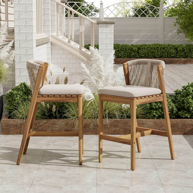 Roomfitters Louie Outdoor Acacia Wood Barstools with Rope Woven Back, Teak Finish and Beige Set of 2