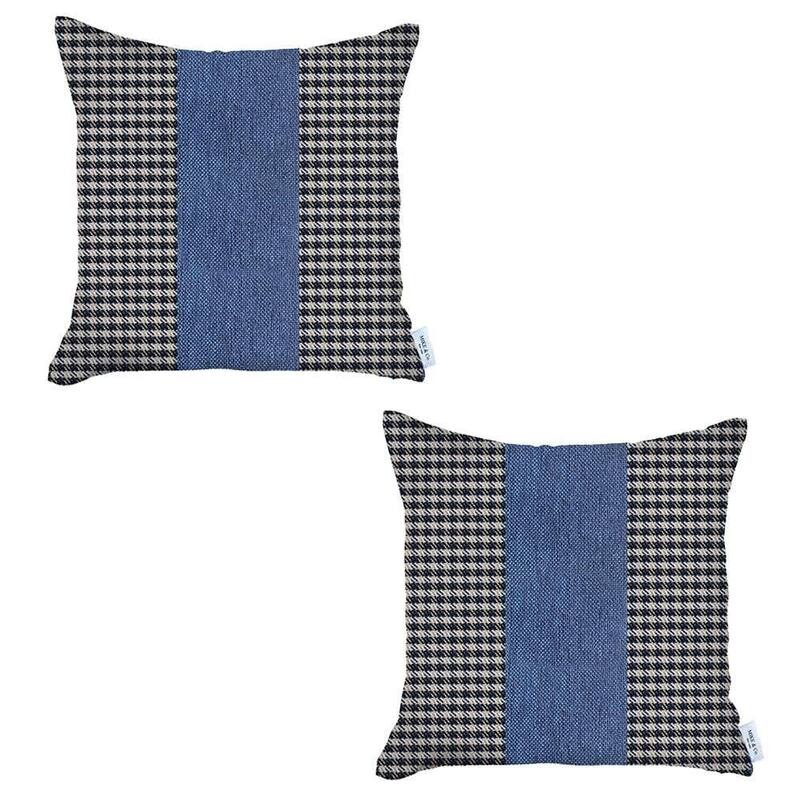 HomeRoots Set Of Two 18" X 18" White And Blue Houndstooth Zippered Handmade Polyester Throw Pillow